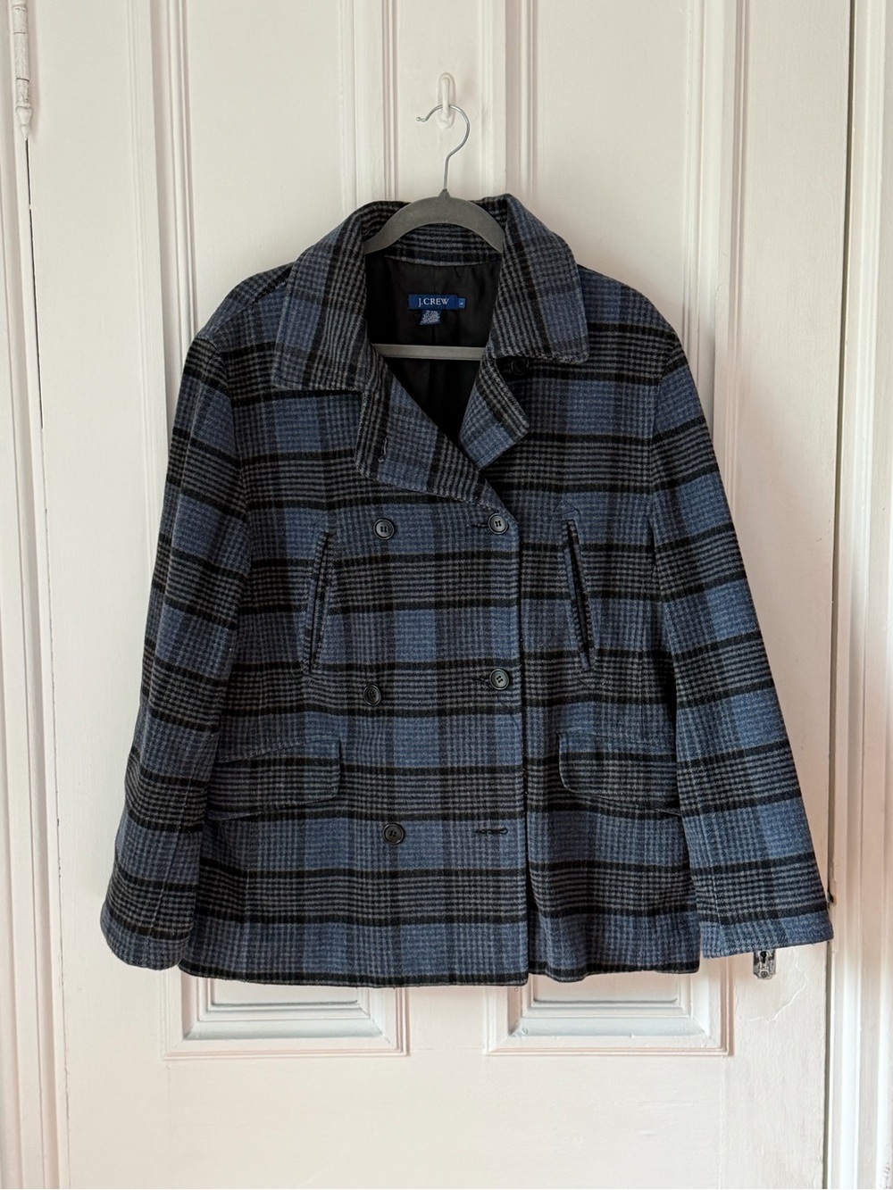 Women’s J Crew Blue /Black Plaid Double Breasted Wool Blend Pea Coat Size Large